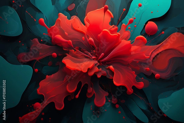 Fototapeta A vibrant abstract digital artwork resembling a blooming red flower with swirling petals and splashes, set against a dark teal background for a dynamic, eye-catching effect.