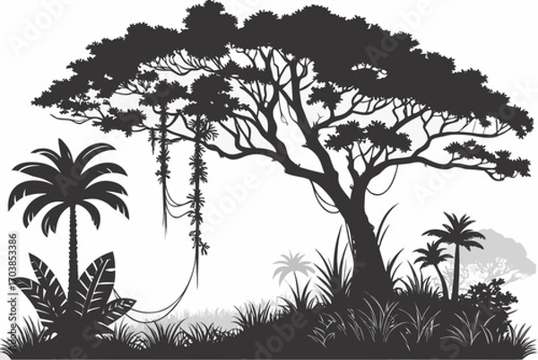 Obraz Tropical jungle silhouette with large tree and palm trees