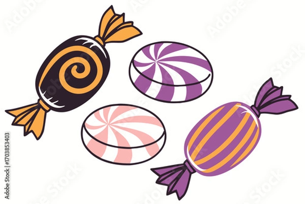 Obraz Colorful wrapped candies and swirl lollipops on white background