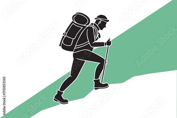 Obraz Silhouette of a hiker ascending a green hill with a backpack