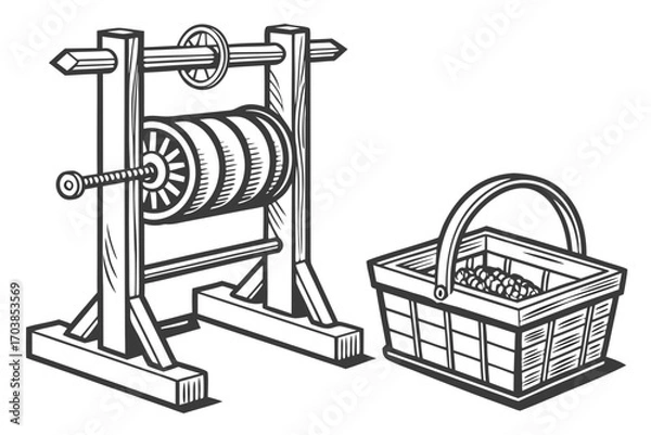 Obraz Vintage winch and basket illustration