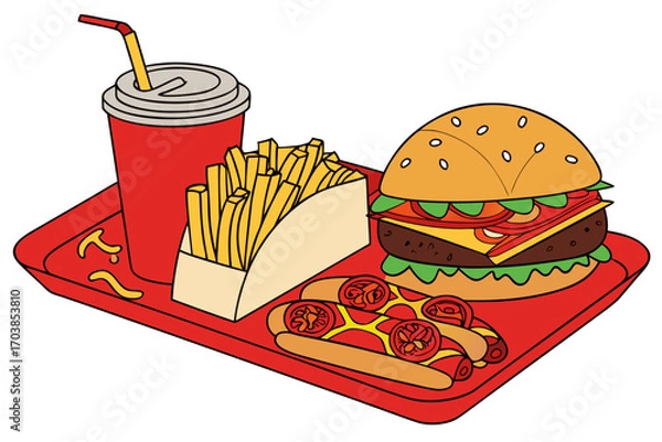 Obraz A colorful cartoon tray of fast food favorites