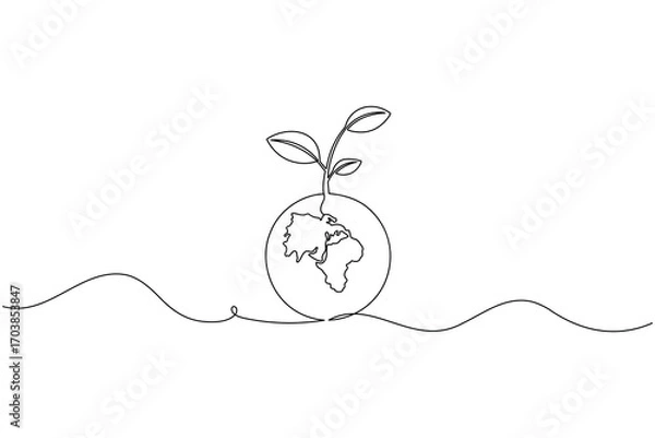 Fototapeta One line drawing of earth with plant sprout symbolizing eco friendly growth
