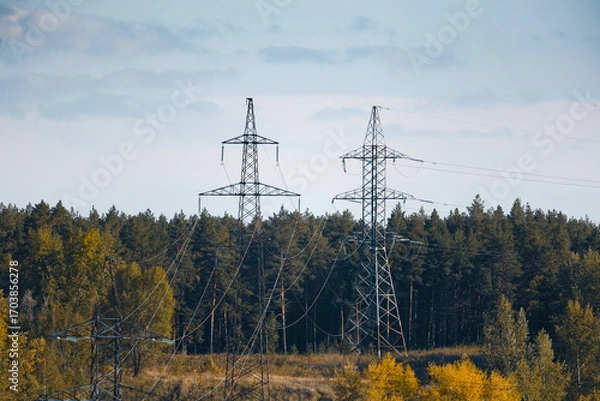 Fototapeta High voltage electricity transmission pylon against autumn forest on a background