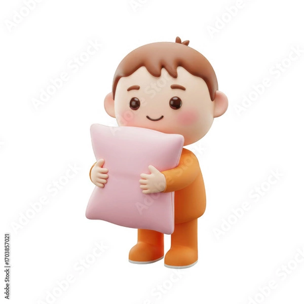 Obraz Cartoon Boy Holding Pink Pillow Isolated on Transparent Background with Warm Light