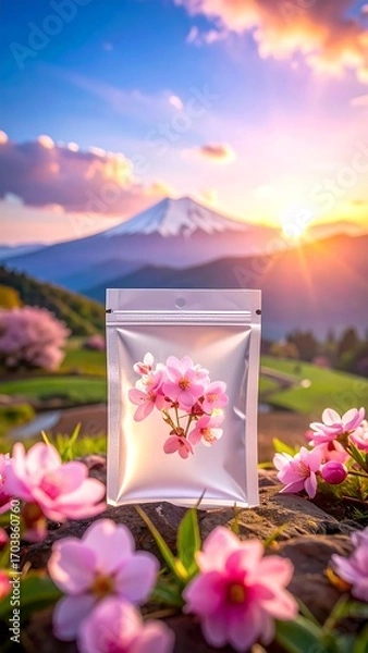 Obraz Cherry blossoms & sunrise over mountain