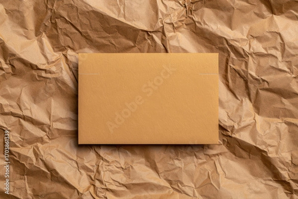 Fototapeta A blank kraft-paper card lies centered on a backdrop of crumpled brown paper, creating a simple, textured flat‑lay scene ideal for mockups, invitations, or rustic branding.