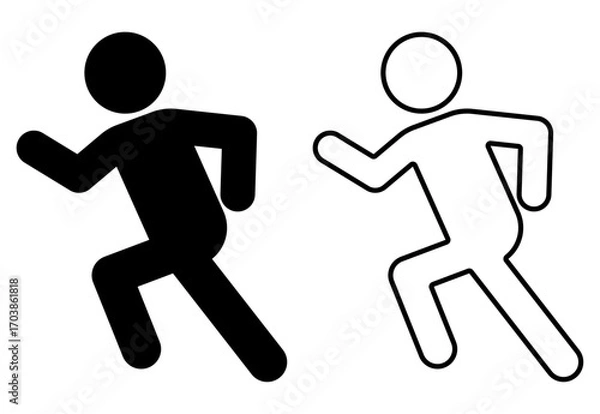 Fototapeta Running person pictogram, side view, 4-head body proportion. Black and white icon set with filled and outline styles. Ideal for exercise, sports, logistics, emergency, and public signage. ランニングアイコン素材。