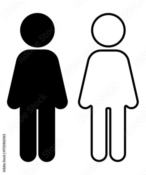 Fototapeta Standing person in “attention” posture pictogram, front view. Black and white icons in solid and outline. Useful for signage, education, military, and posture illustration. 気をつけ姿勢のアイコン素材です。