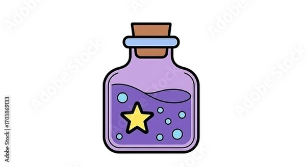 Fototapeta Cute cartoon purple potion bottle with star and bubbles