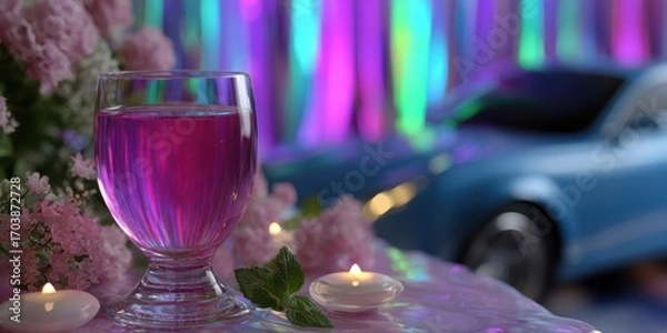Fototapeta Colorful indoor setting with flower arrangements and a glass of purple drink near a stylish car