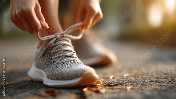 Fototapeta Lacing shoes before a morning jog on a tree-lined path during sunrise