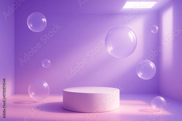 Fototapeta Lavender Room with Floating Bubbles and Glowing White Podium