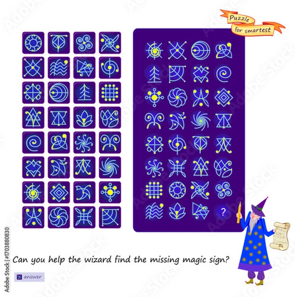 Fototapeta Can you help the wizard find the missing magic sign? Logic puzzle for children and adults. Game find and search. Page for brain teaser book. Task for attentiveness. Play online. Vector illustration.