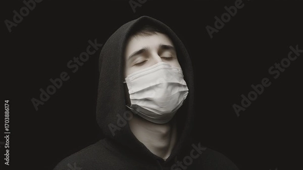 Fototapeta Man in a hoodie wearing a face mask with eyes closed in black and white