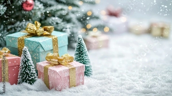 Fototapeta Christmas presents under a tree with snow and ornaments.
