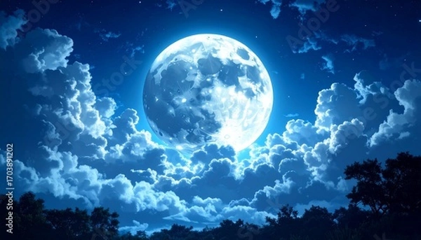 Fototapeta A Majestic Full Moon Illuminates a Night Sky Above Fluffy Clouds and Silhouetted Trees