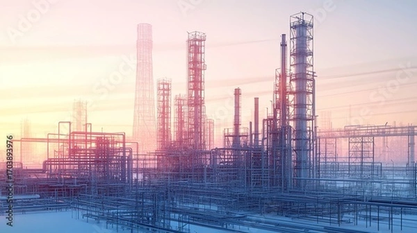 Fototapeta A technical line drawing of an oil refinery, showing a detailed network of pipes and chimneys, the sky in a distinct layer with industrial clouds.