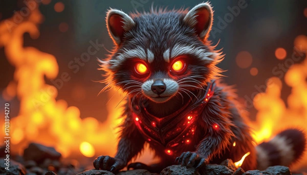 Fototapeta Fiery-Eyed Raccoon Warrior:  Digital 3D Render, Fantasy, Dark, Intense, Glowing Armor, Infernal Background.