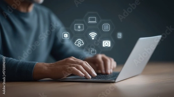 Fototapeta Hands Typing on Laptop with Floating Icons Representing Technology, Communication, and Digital Services for Modern Business and Personal Use