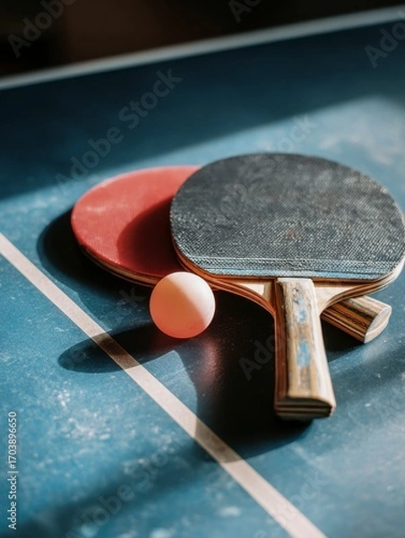 Fototapeta Two table tennis paddles and a ball on a blue ping pong table next to a white line casting a shadow in sunlight