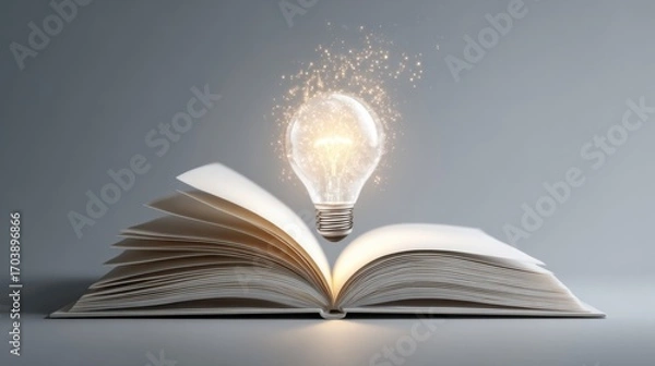 Obraz An open book is illuminated by a glowing light bulb hovering above, symbolizing inspiration and creativity in a quiet study environment.