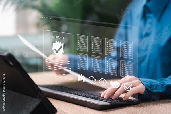 Fototapeta Insurance Policy Terms and Online Verification, Female Insurance Officer Reviewing Conditions, Claim Process, Customer Protection, Digital Risk Management, Contract Approval, Secure Insurance Services