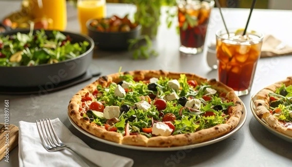 Fototapeta Delicious pizza with a healthy salad and drinks on a stylish restaurant table