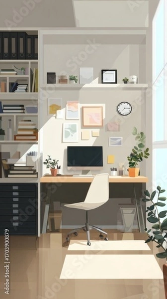 Fototapeta Nature inspired digital fantasy artwork for Bright Minimalist Home Office Interior with Desk and Plants visual storytelling, mood boards, and ambient nature scenes