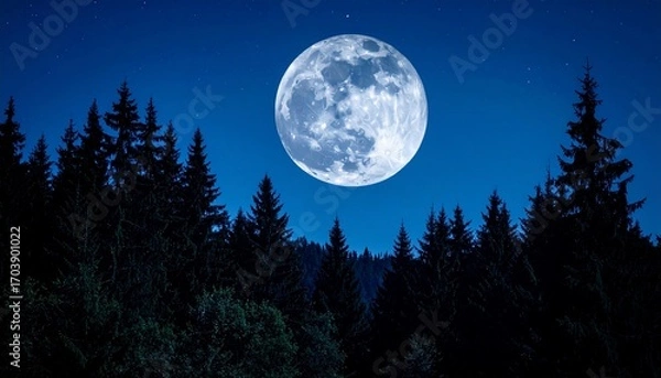 Fototapeta A full moon rising above a dark forest at night with a starry sky