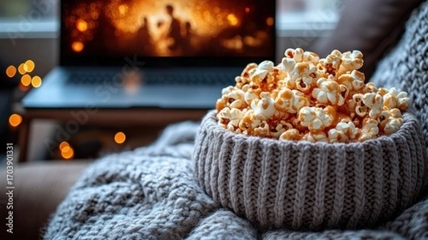 Obraz Caramel popcorn in a knitted bowl on a couch, laptop in the background. Cozy movie night scene