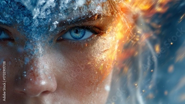 Fototapeta Portrait of a young woman displaying an extraordinary blend of ice and fire effects on her face, highlighting her vivid blue eyes and unique details, creating a captivating visual impact.