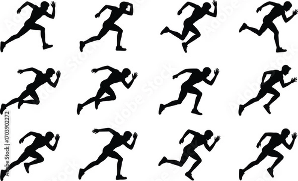 Obraz Dynamic running man silhouettes collection, sports motion illustration, athlete sprinting poses, fitness icon set, active lifestyle, exercise movement, jogging figure, energy and speed symbols