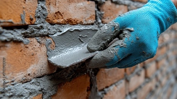 Fototapeta Close-up of a gloved hand spreading mortar between bricks