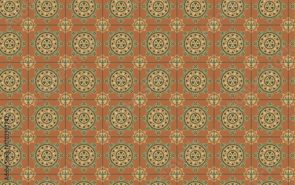Fototapeta Decorative Seamless Pattern flowers green and orange color, seamless pattern of thai style.