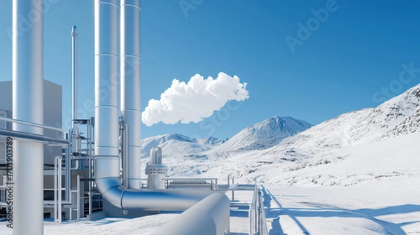 Fototapeta Snowy industrial landscape features large metallic pipes and structures, with cloud blue sky above. scene conveys sense of modernity