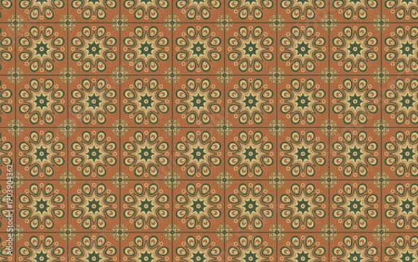 Fototapeta Decorative Seamless Pattern flowers green and orange color, seamless pattern of thai style.