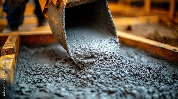 Fototapeta Close-up of concrete being poured into wooden formwork