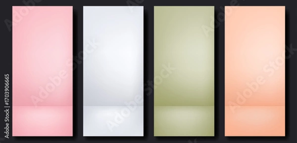 Fototapeta Vertical blank studio backgrounds set. Empty monochrome room wall and floor of pastel pink, white and green colors. Vector template for roll up banner or stories design, product presentation.