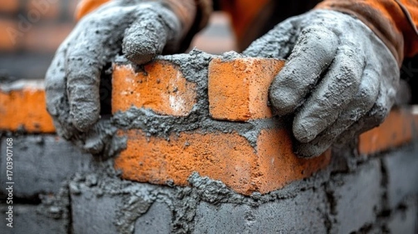 Fototapeta Close-up of hands in gray gloves applying mortar to bricks