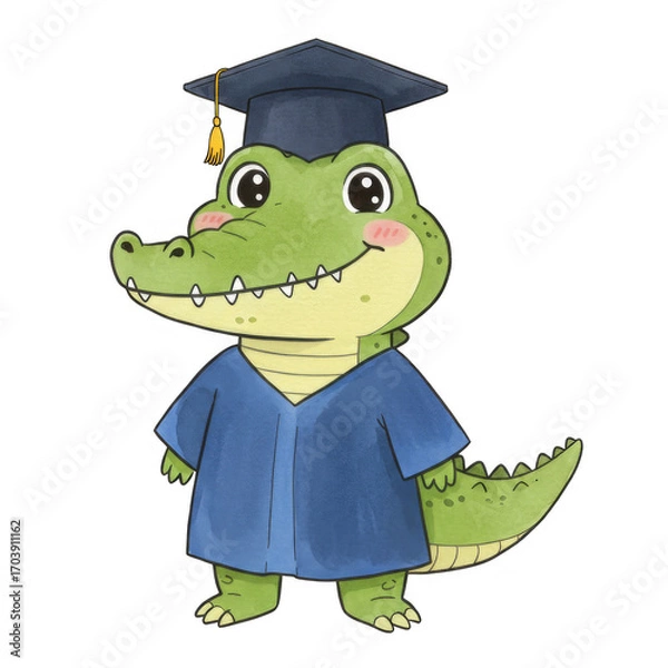 Fototapeta Green Alligator Character in Blue Graduation Gown and Cap on Transparent Background