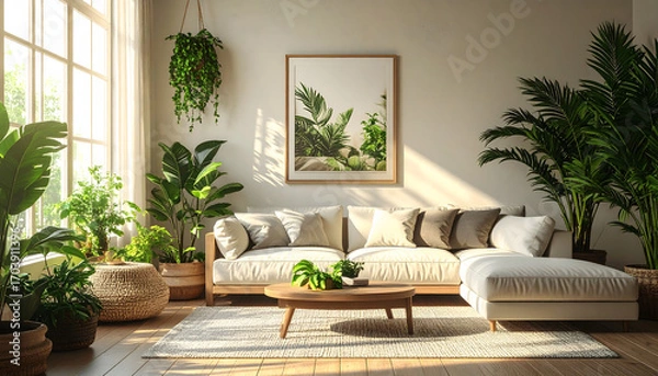 Fototapeta Serene Indoor Oasis: A sun-drenched living space adorned with an array of lush green plants, creating a calming atmosphere with a touch of natural elegance.
