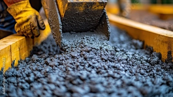 Fototapeta Concrete pouring into a wooden form