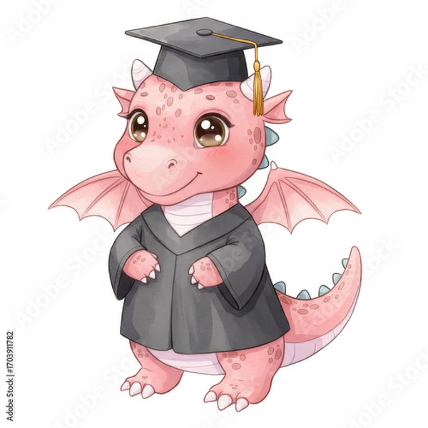 Fototapeta Pink Dragon Adorned Graduation Cap and Gown on Transparent Background a Symbol of Achievement