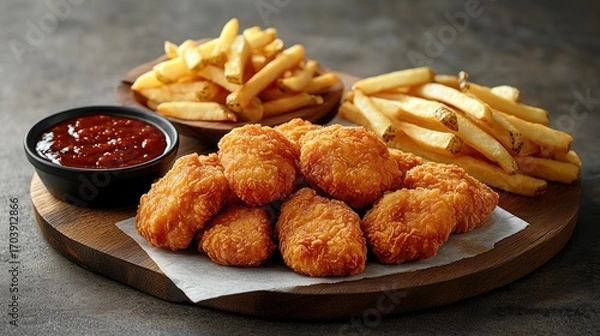 Obraz Crispy fried chicken nuggets and french fries with dipping sauce