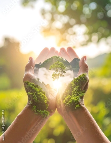 Obraz Hands holding a miniature landscape