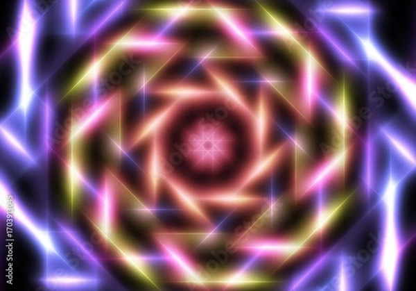 Fototapeta abstract geometric neon light lines kaleidoscope mandala art Vibrant neon spiral design with glowing purple, pink, and yellow rays. Perfect for futuristic backgrounds, posters, or digital art