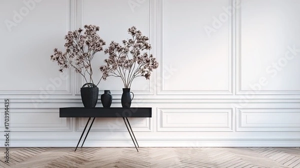Fototapeta Elegant interior design featuring a black console table with vases and dried flowers.