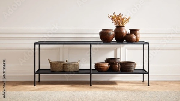 Fototapeta Dark metal console table with decorative pottery and baskets.