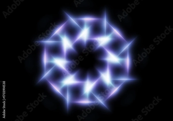 Fototapeta abstract geometric neon light lines kaleidoscope mandala art Vibrant neon spiral design with glowing purple, pink, and yellow rays. Perfect for futuristic backgrounds, posters, or digital art